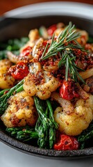 Fototapeta premium Freshly prepared roasted cauliflower and cherry tomatoes with herbs served on a black dish