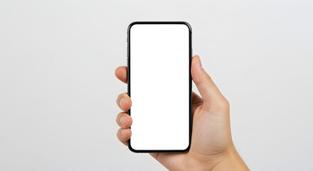 Hand Holding Smartphone with Blank White Screen on White Background