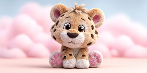 plushie furry long-haired cheetah with eyes, mouth and feet, sitting on the ground, showing pink pads, cute style, smiling expression, candy color, clean , cloud background, 