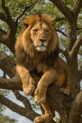 Fototapeta premium Majestic lion resting on tree branch in african savannah
