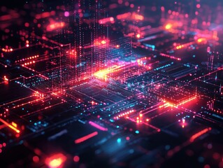 Obraz premium Abstract digital circuit board with glowing lines and nodes, depicting data flow and complex technological processes