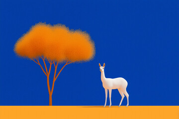 Fototapeta premium Retro background, White Llama with Orange Tree on Blue Background