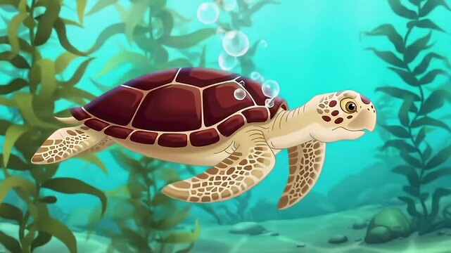 Sea Turtle Swimming Among Green Seaweed In Clear Blue Water Pixel Art Style