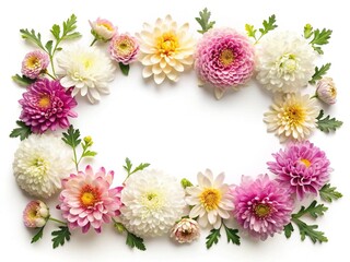 Beautiful floral frame arrangement of dahlias and chrysanthemum flowers on a white background