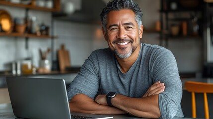 Fototapeta premium Smiling hispanic man working from home sitting with laptop on the table