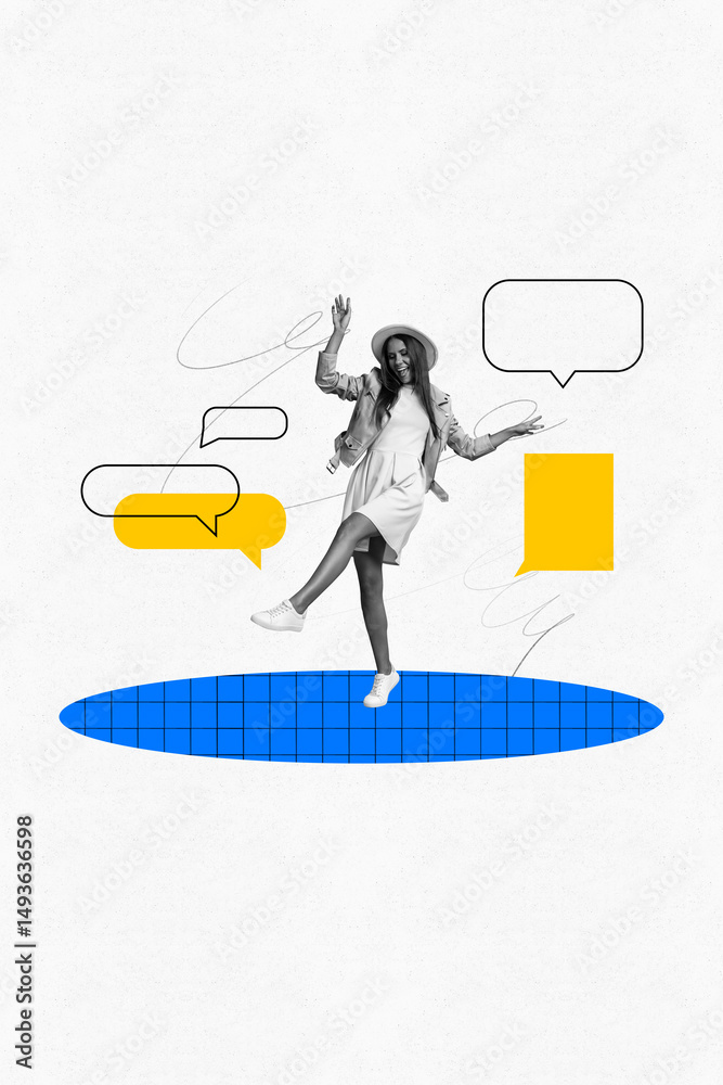 Aufkleber trendy sketch pop artwork collage of happy girl guy stand bubble communication speech chat dialogue 