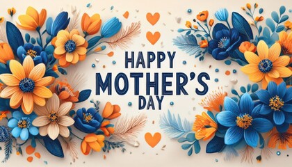 vibrant blue and orange paper cut flowers surrounding happy mother’s day message on soft cream background for greeting card, website banner, print poster, or festive branding design