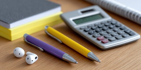 back-to-school essentials, neatly arranged school supplies including pens, sticky notes, planner, calculator, and earbuds on a wooden desk in soft light