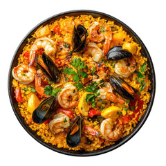 Flat Paella Seafood Saffron Rice  isolated on a transparent background