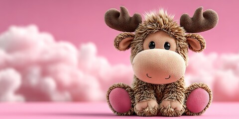 plushie furry long-haired moose with eyes, mouth and feet, sitting on the ground, showing pink pads, cute style, smiling expression, candy color, clean , cloud background,