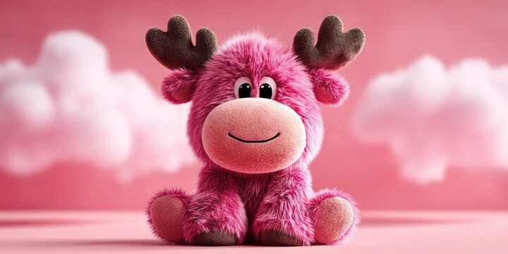 plushie furry long-haired moose with eyes, mouth and feet, sitting on the ground, showing pink pads, cute style, smiling expression, candy color, clean , cloud background, - Powered by Adobe