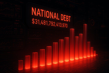 A striking visual representation of national debt displayed digitally in red tones