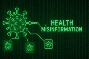 A digital illustration highlighting health misinformation, featuring a virus symbol interconnected with misleading information