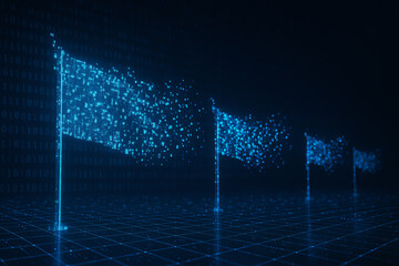A futuristic visual depicting digital flags made of glowing particles against a dark background, representing concepts of data, innovation, and digital transformation.