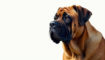 Obraz premium Imposing mastiff, head tilt, pure white backdrop, animal photography, giant breed