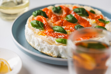 Omelette Poulard. Omelette of Mother Poulard. French omelette with whipped egg whites, lightly salted trout and basil. Beautiful, healthy and tasty breakfast.
