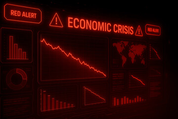 A visual representation of an economic crisis, featuring red alert signs and declining graphs. This image emphasizes the urgency and impact of financial downturns on society.