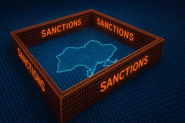 A digital illustration depicting the concept of sanctions affecting a country, represented through a bordered map of Ukraine