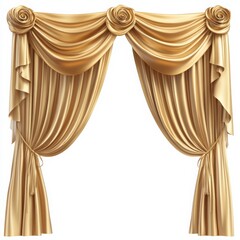 Gold satin curtains with roses on a white background
