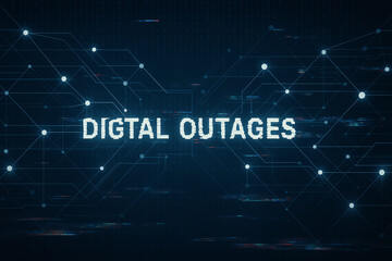 A futuristic digital concept representing digital outages and network failures in a high-tech environment, emphasizing the impact on connectivity and communication.