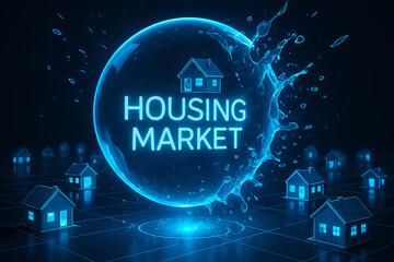 A futuristic digital representation of the housing market, showcasing a glowing blue sphere with houses symbolizing real estate trends and economic data visualization.