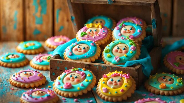 Glazed baby cookies packaged in a box on a backdrop