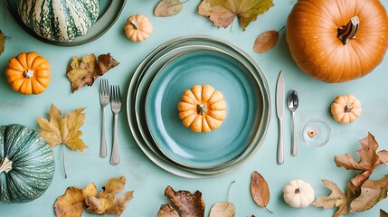 Autumnal Thanksgiving table setting with pumpkins and leaves.