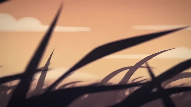 Tall Dark Grass Silhouette Against an Abstract Yellow Sunset Sky Animation
