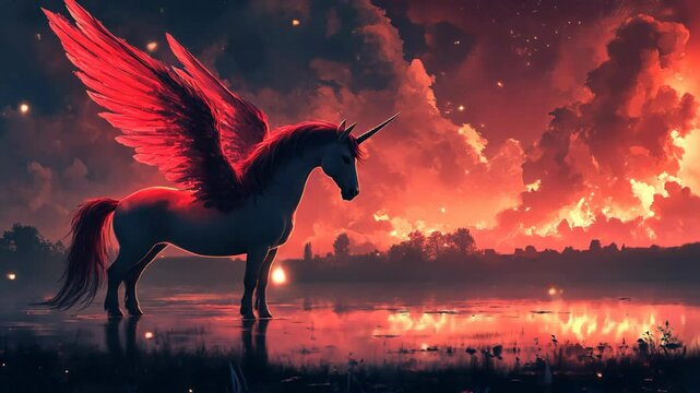 silhouette shadow of wing unicorn under starry night at wasteland 