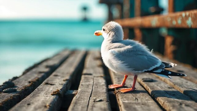 Young seagull resting on the pier beside the water