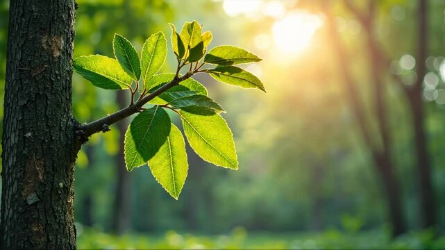A serene scene of a tree with vibrant leaves, showcasing natural growth and the concept of reusing resources, set against bright summer sun.