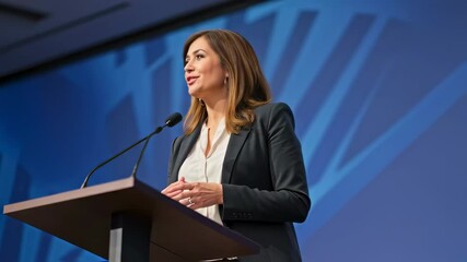 Confident woman delivers speech at podium during a business conference - Powered by Adobe