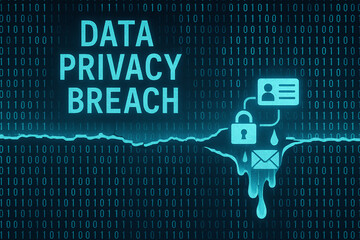 A visual representation of a data privacy breach featuring digital icons and binary code, emphasizing the importance of cybersecurity and data protection.