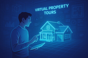A digital illustration showcasing a person interacting with a virtual property tour on a tablet, emphasizing innovation in real estate and technology advancements.