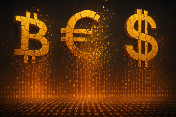 A digital representation of major currencies including Bitcoin, Euro, and Dollar, illuminated in a golden hue, symbolizing the future of finance and digital economy.