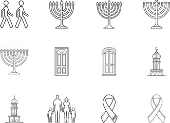 Linear icons of religious, memorial, architectural, and familial symbols are shown on a white background