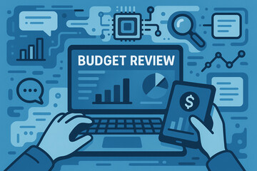 An illustrative scene depicting a budget review process. Hands hold a smartphone and interact with a laptop displaying graphs and digital analytics, showcasing financial planning.