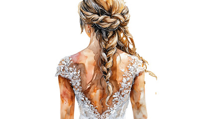 a watercolor painting depicts the back of a woman with a braided hairstyle wearing a delicate lace wedding dress.