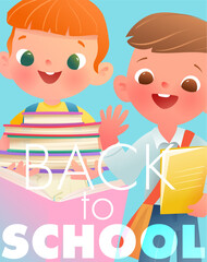 Back to school flyer or poster with lettering and school children character design. Schoolboy and Schoolgirl go to school with books and pens and pencils. Learning and education vector template design