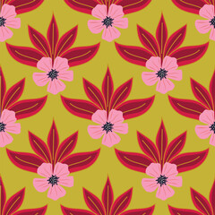 Trendy floral seamless pattern. Simple red and beige daisy. Spring flower template for packaging, postcards, textile printing, wallpaper. Hand drawn illustration isolated on white background