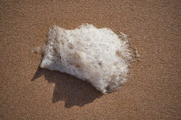 A close-up view of a piece of foam on a sandy beach, with soft waves lapping at the shore. The foam is white and bubbly, contrasting with the light brown sand.