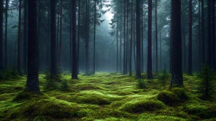 Obraz premium Mysterious fog rolling through lush green mossy forest floor