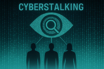 An abstract digital illustration depicting the concept of cyberstalking, featuring silhouettes under the eye of surveillance, symbolizing privacy concerns and online harassment.