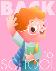 Back to school flyer or poster with lettering and schoolboy character design. Cute schoolboy go to school with notebook and pen and pencils. Learning and education vector template design for kids.