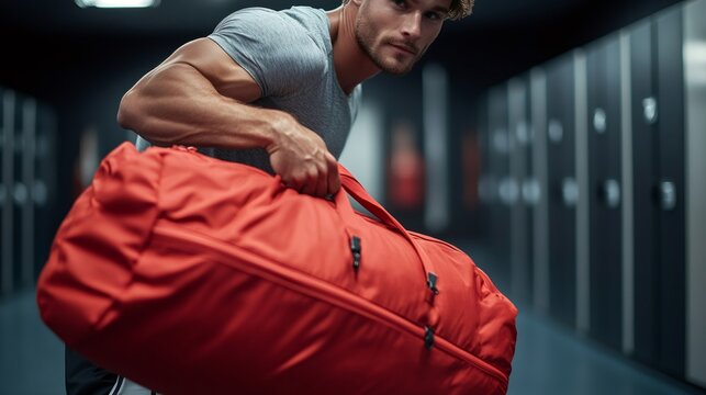 Determined sportsman carrying gym bag in locker room