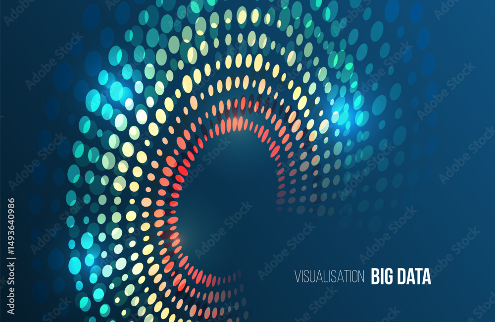 Poster Modern big data visualization with wave of colored dots and binary code on dark blue background. Abstract information flow, digital transformation, data analysis, high-tech analytical concept.