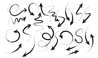 Hand Drawn Arrow Collection, Brush Sketches hand  drawn doodle style pointers, curved lines, round swirls, chaotic scribbling artistic design elements set, isolated on white backgrond