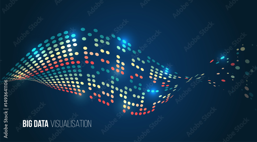 Aufkleber Abstract visualization of big data in the form of a wave-like flow of colored dots on a dark blue background. Digital data analysis, information technology and modern methods of information processing