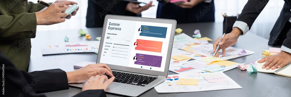 Poster analyst team use sticky note for creative and analytic brainstorm for business idea with bi data das
