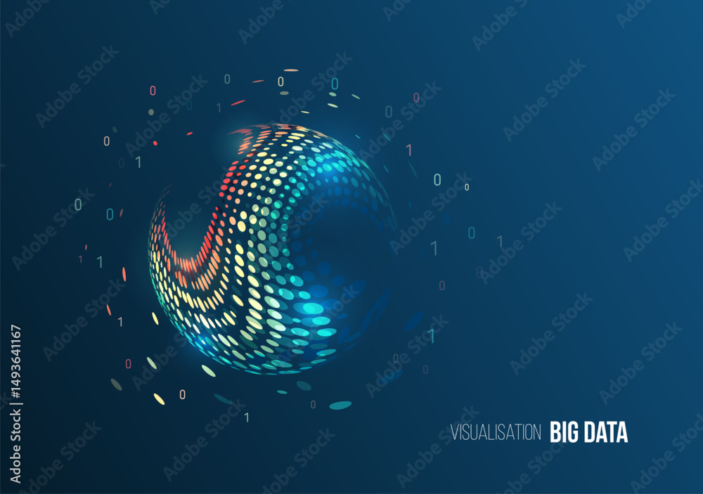 Aufkleber Data analysis and visual representation of information flows in the modern information environment. Abstract big data visualization with a circular wave of colored dots on a dark blue background.